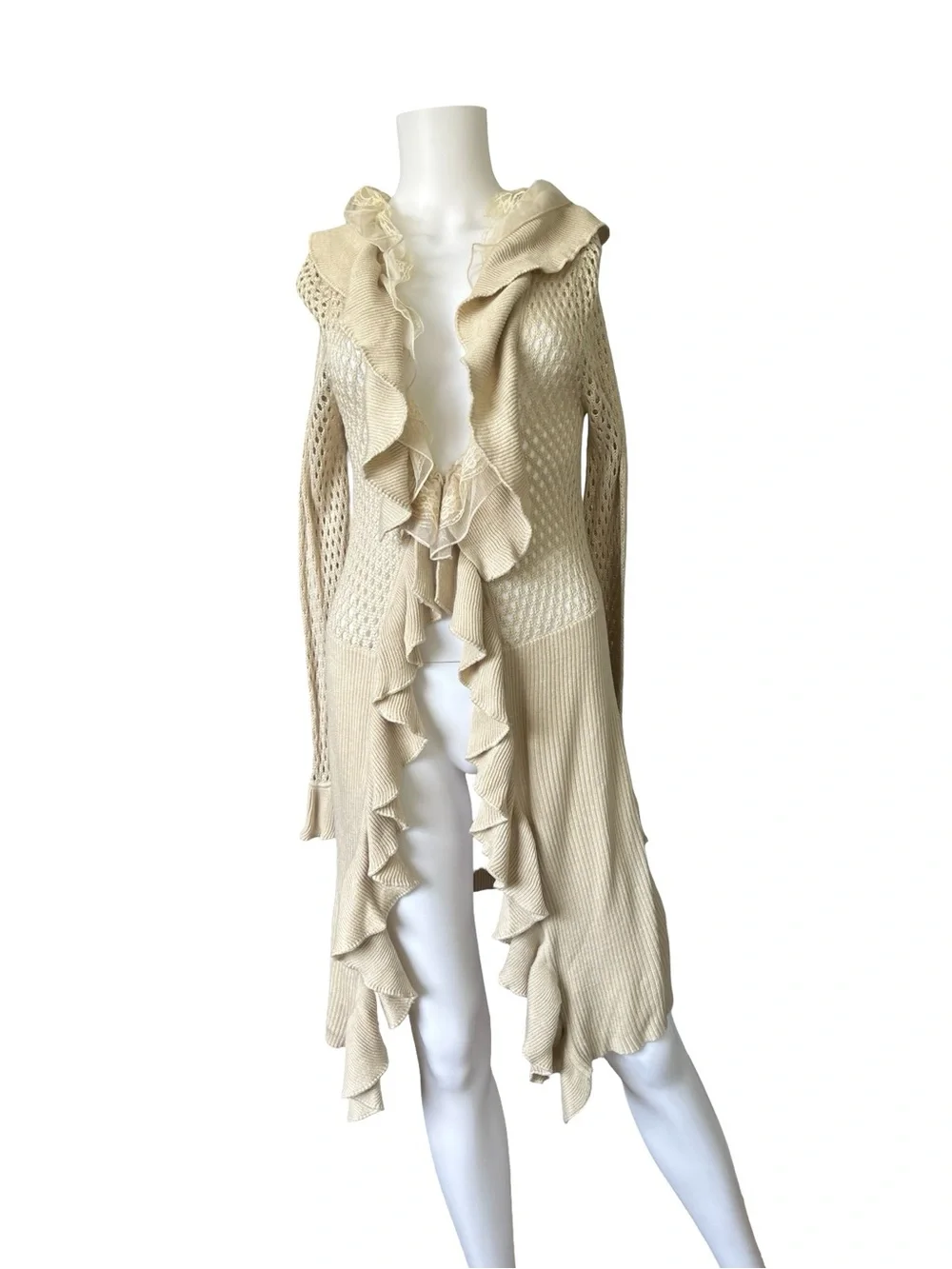 Ruffled Open Knit Cardigan Sweater Duster Neutral Size Medium Hippie Boho Womens